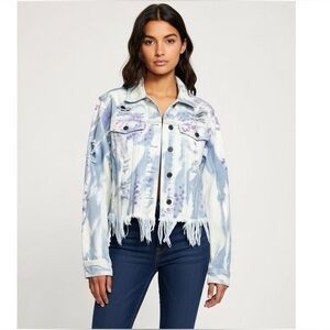 HIDDEN Fitted Light Wash Tie-Dye Fringed Denim Jacket size medium